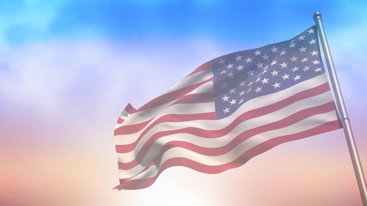 animación de la bandera estadounidense sobre el cielo azul con nubes