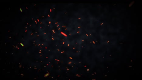 abstracto quemando chispas de naranja caliente fuego embrasas partículas en movimiento rápido y nube de humo que se eleva sobre fondo negro. 4k 3d renderización de bucle sin costuras fuego partículas brillantes