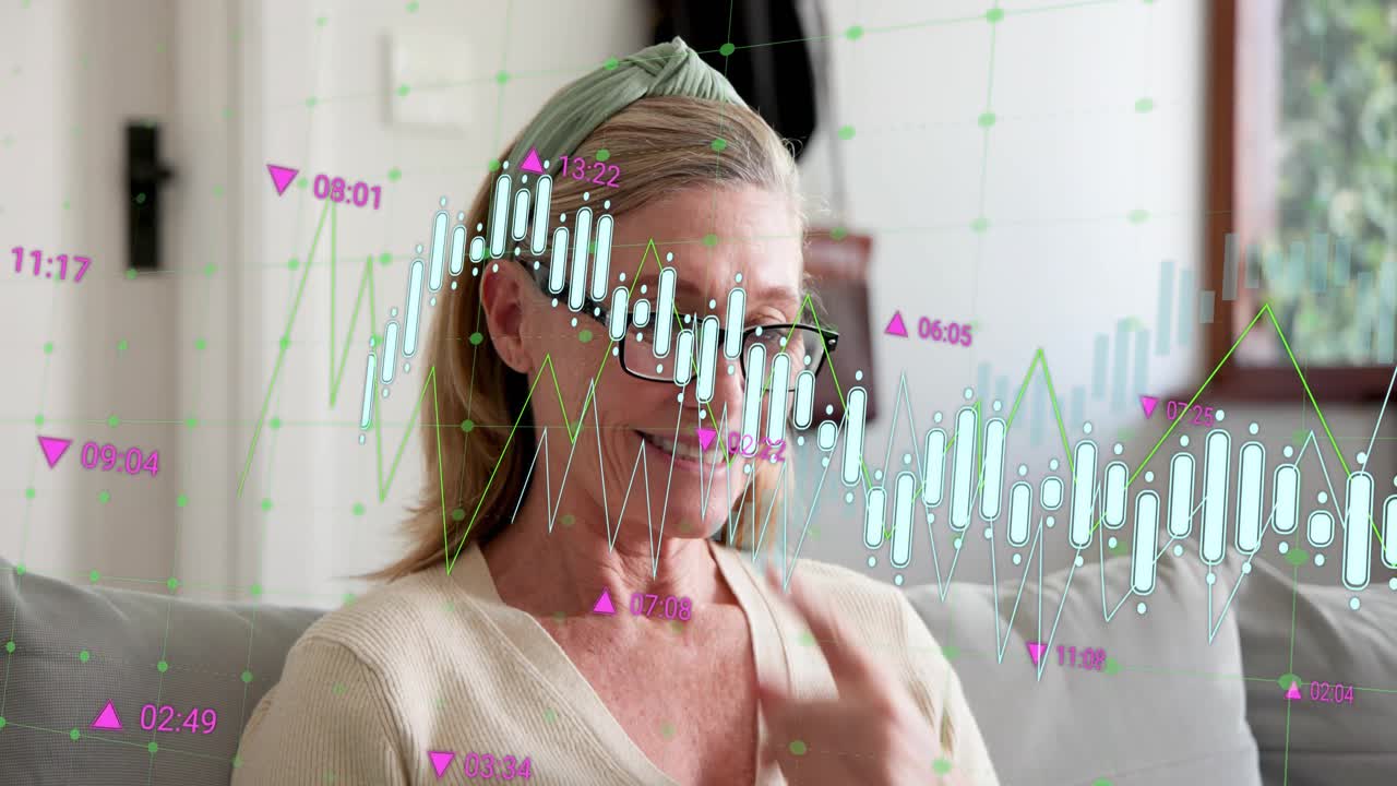 Mature woman opening finance dashboard on laptop on couch monitoring candlestick overlay