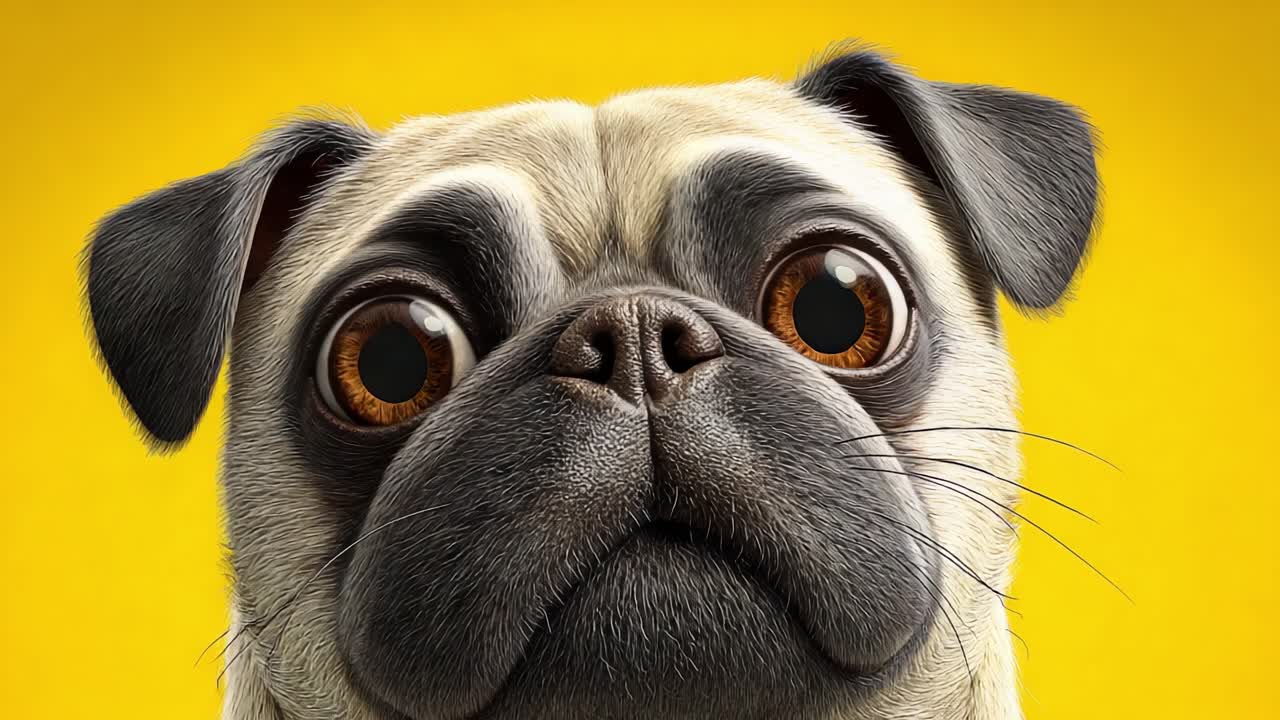 Carlino adorabile immortalato con dettagli mozzafiato su uno sfondo giallo vivace, che mette in risalto il suo viso espressivo e i suoi occhi accattivanti.