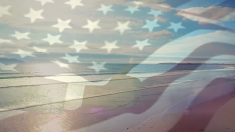 animation of american flag waving with person giving thumbs up over sunny seaside