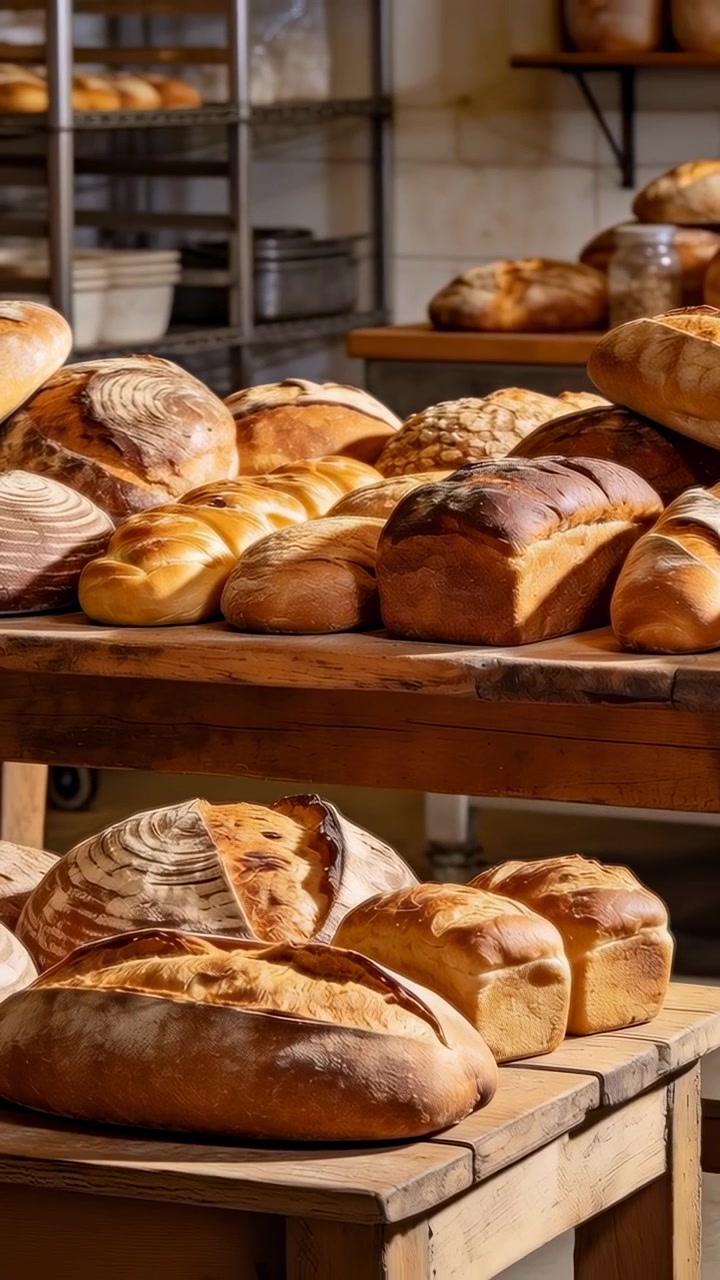 Vertical video: Panning camera revealing sourdough and baguettes on wooden tables, showing crust