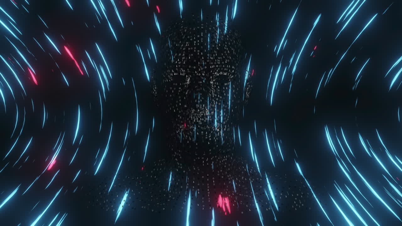 Animation of glowing blue light trails over human head model against black background