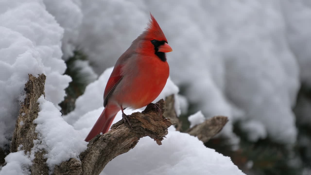 Red Cardinal Perched On Snowy Branch, Male Northern Cardinal Closeup With Vibrant Red Plumage Against Soft