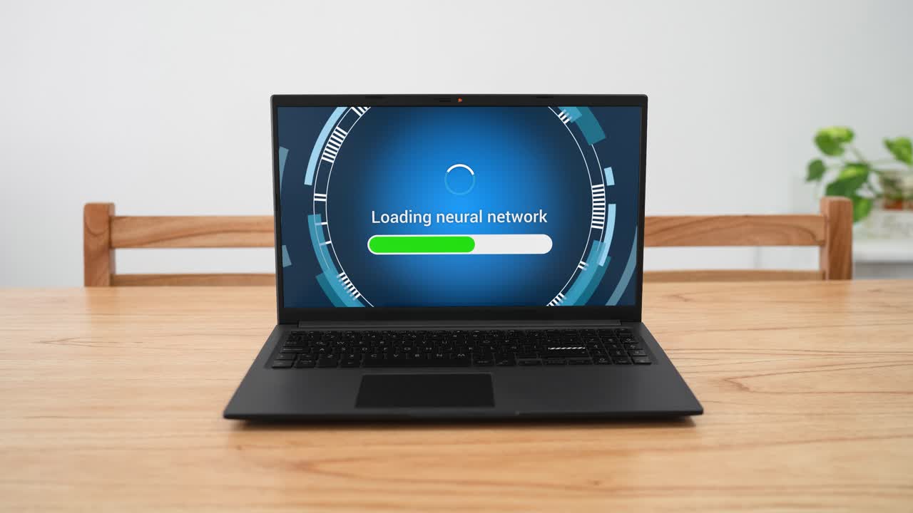 Loading neural network on personal laptop. Concept of working with powerfull artificial intelligence.