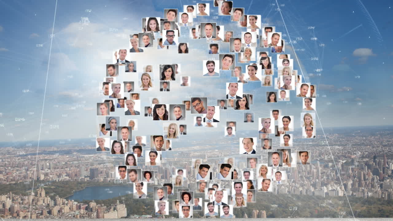 다양한 사람들의 초상화와 도시 풍경에 대한 데이터 처리를 가진 지구의 애니메이션