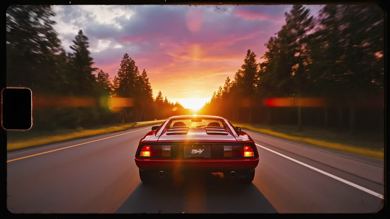 Auto sportiva rossa che guida su una strada nel bosco al tramonto