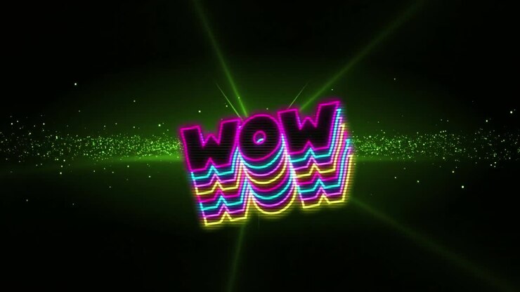 Animation of wow text over green lights and wave