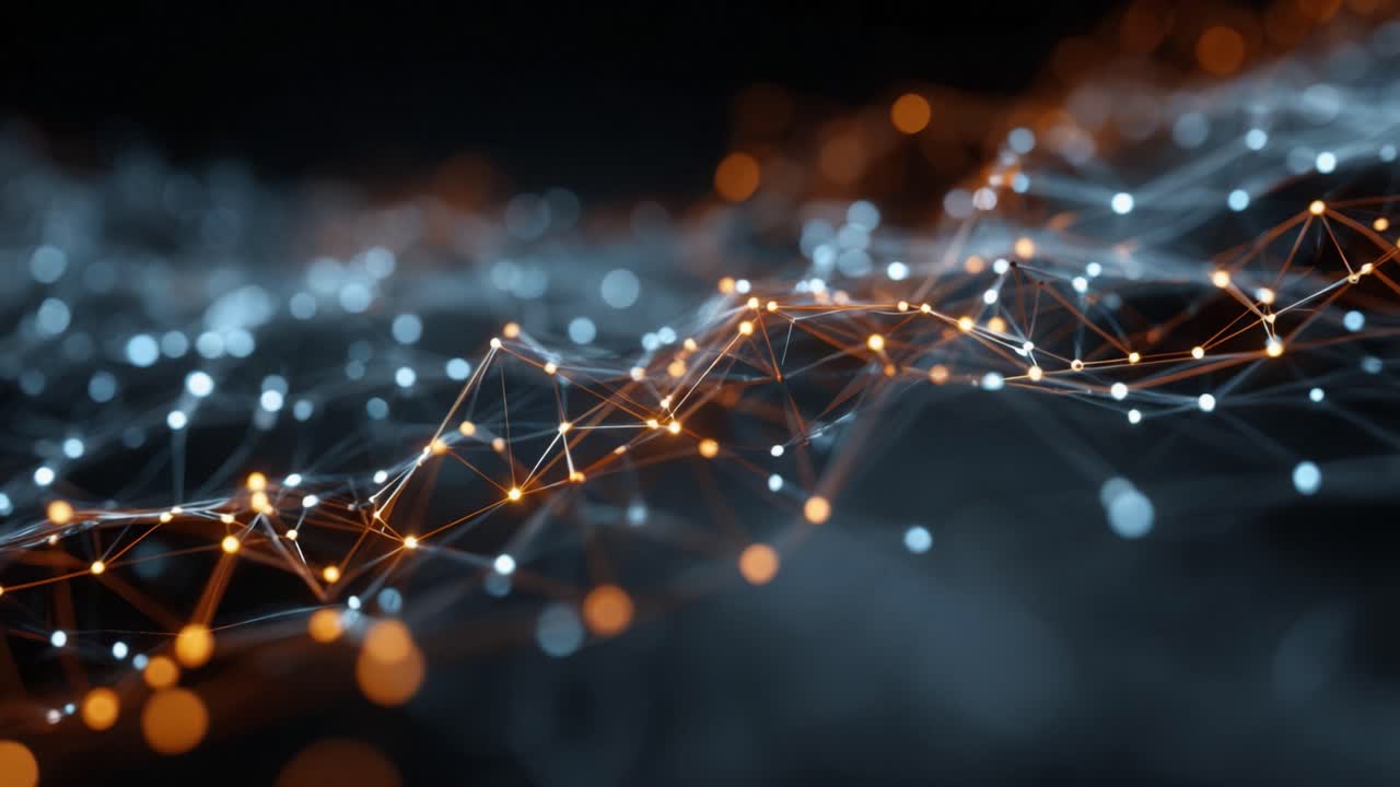 Digital animation of a futuristic plexus network with moving nodes and lines, representing concepts of big data, global communication, artificial intelligence, and scientific innovation