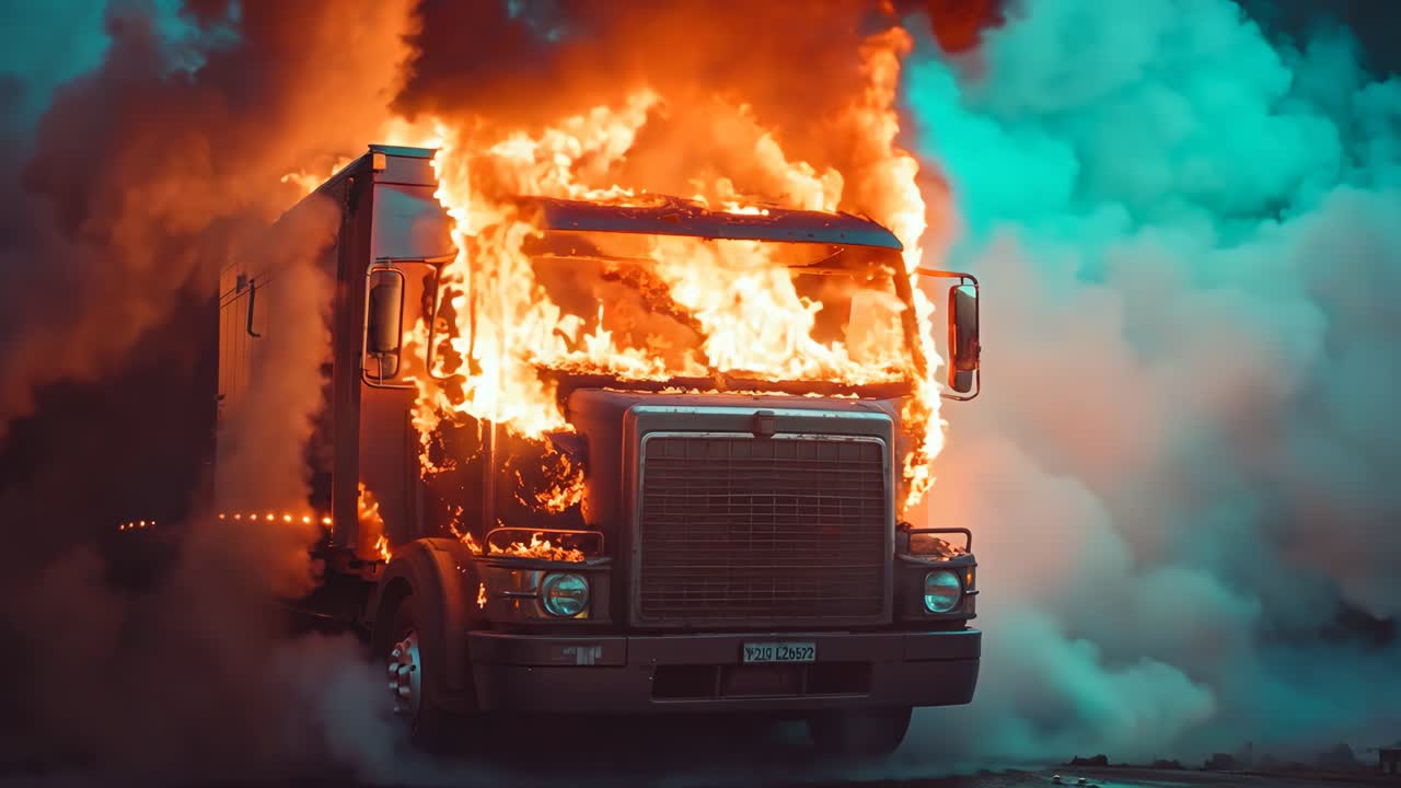 큰 트럭이 길 에 불타고 있다