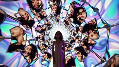 woman in a kaleidoscopic tunnel of reflections
