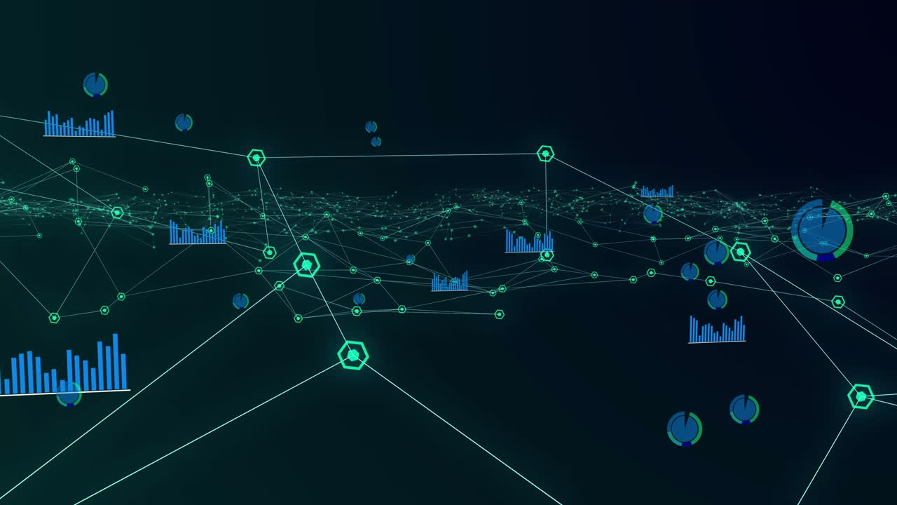 Animation of network of connections and data processing on black background