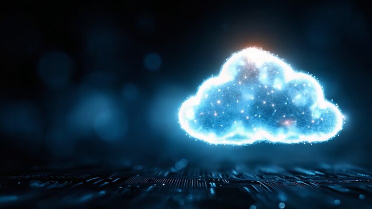 A Stunning Visualization of a Digital Cloud with Network Connections and Sparkling Lights Over a High-Tech Background, Symbolizing Cloud Computing and Data Storage Innovations
