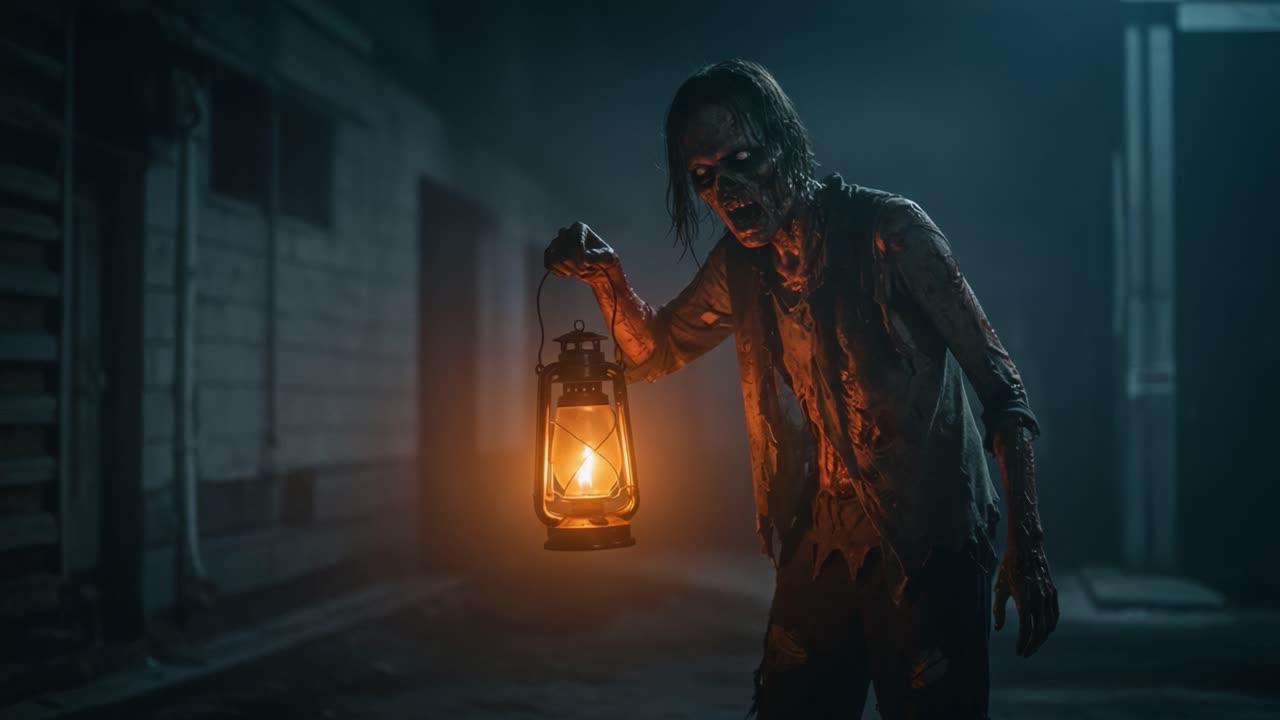 Haunting Encounter: A Terrifying Figure Emerges from Shadows, Clutching a Flickering Lantern in an Eerie Atmosphere of Desolation and Fear