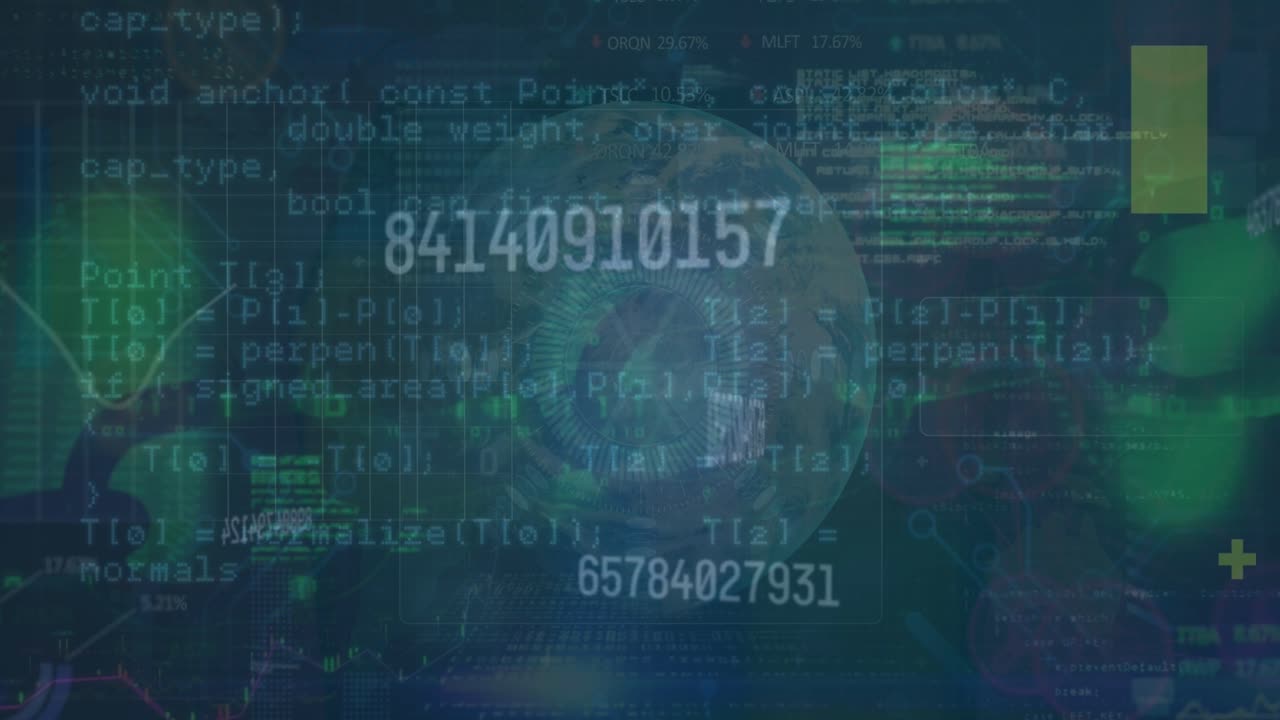 Animation af data, globus, tal og grafer på en mørkeblå baggrund.