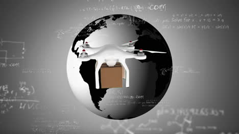 animation of mathematical equations and drone icon over globe on grey background