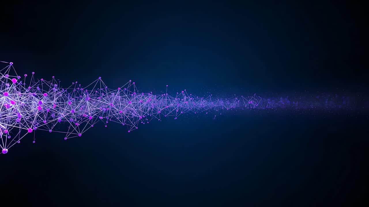 On load expanding purple node network streaming across wave in data space with lines, copy space