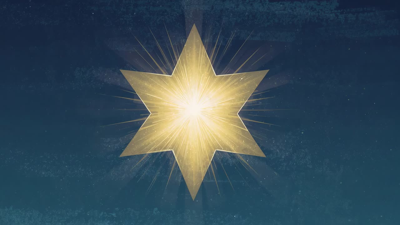 Starting six-point golden star rotating and pulsing on textured dark-blue backdrop with halo rays