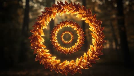 a circular display of autumn leaves: vibrant swirling ornaments capturing the essence of fall's rich colors and nature's transitions in a magical forest setting