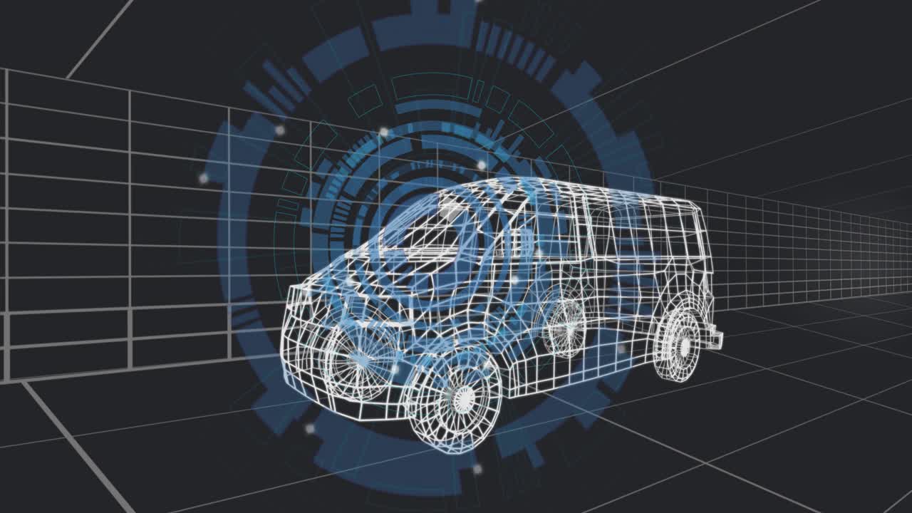 Large blue ring appearing behind van, rotating HUD rings pulsing, highlighting mesh for diagnostics