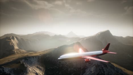 passenger aircraft over mountain landscape