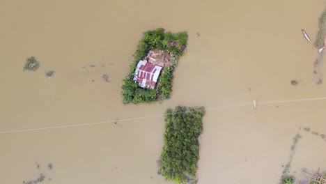 isolated house submerged in the flood after severe rain in bangladesh. - aerial shot
