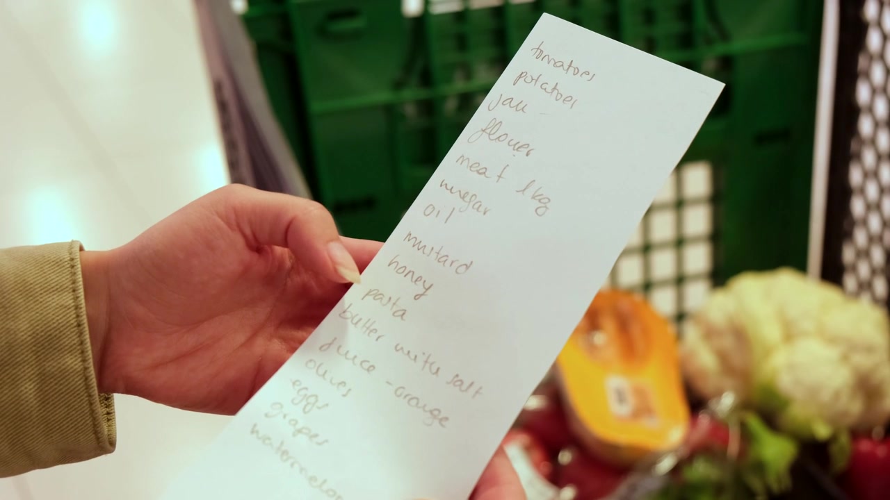 Person holder en håndskrevet indkøbsliste i et supermarked
