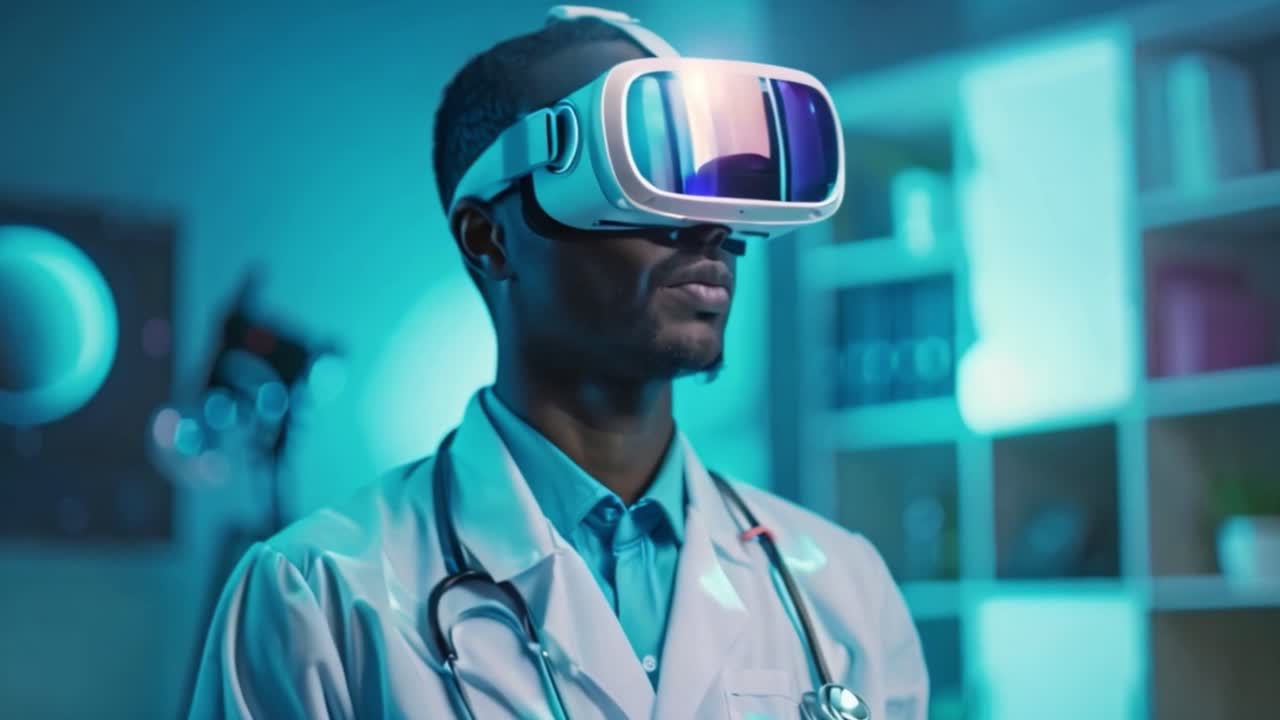 Doctor wearing a virtual reality headset in a medical setting