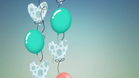 Animation-of-colourful-balloons-and-hearts-with-copy-space-on-blue-background