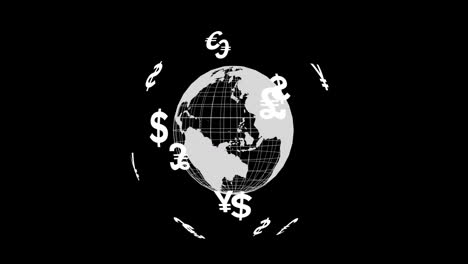 animation of currency icons and globe with data processing over black background