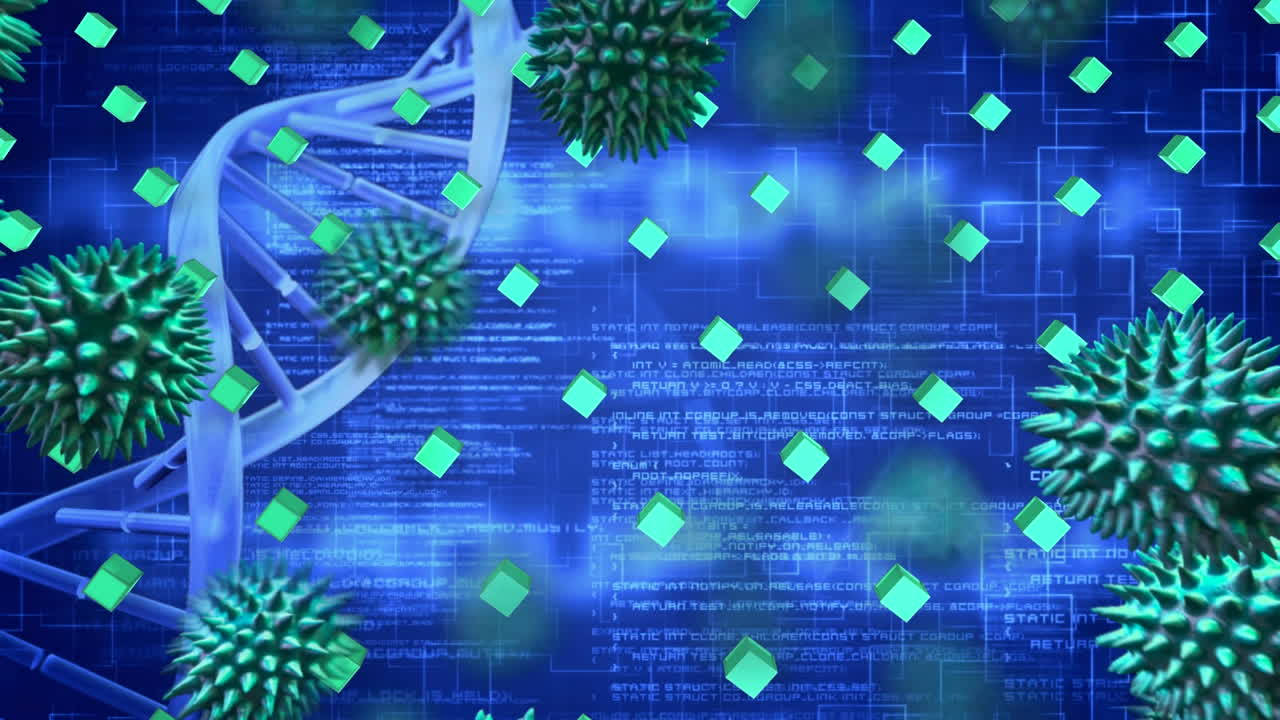 animación de células de covid-19, cadena de adn y filas de cubos verdes en el procesamiento de datos