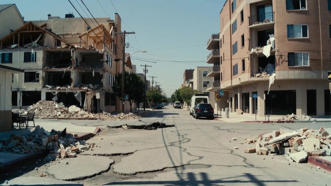 Telecamera in movimento che documenta una carreggiata crepata e edifici crollati in una strada urbana, con cumuli di mattoni.