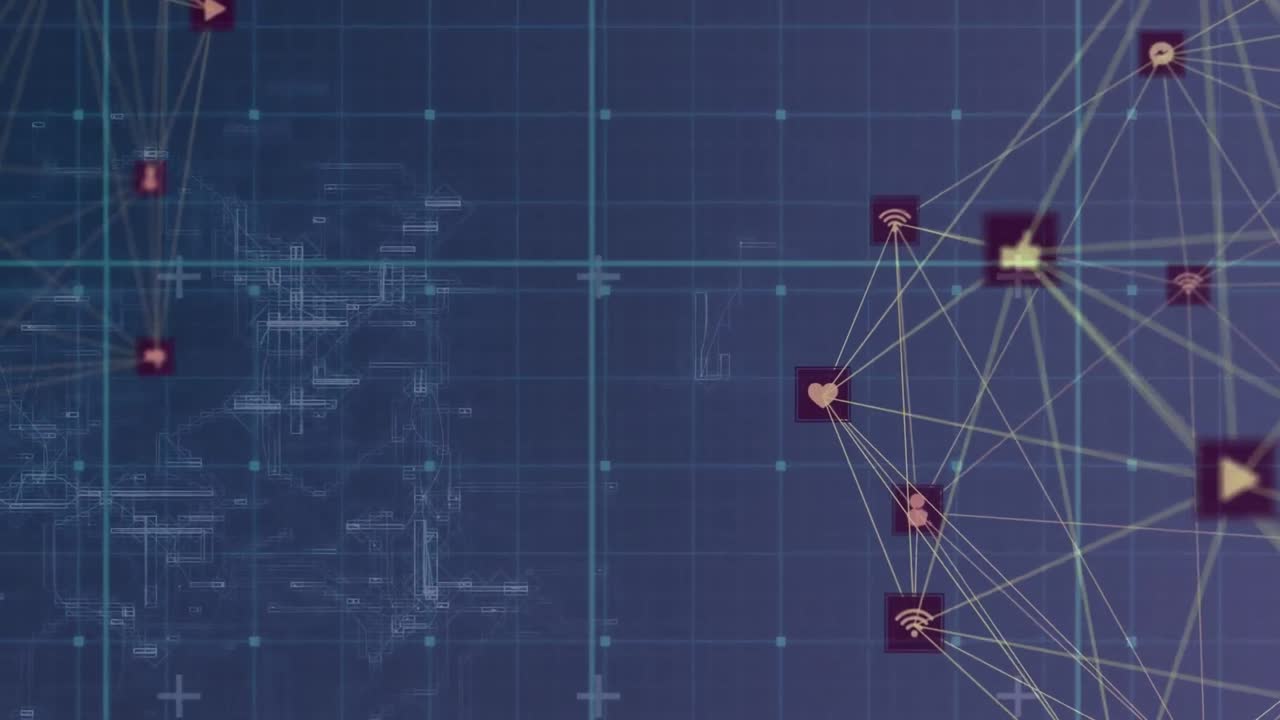 Animation of network of connections with icons over grid