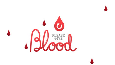 animation of please give blood text and blood drops falling over white background