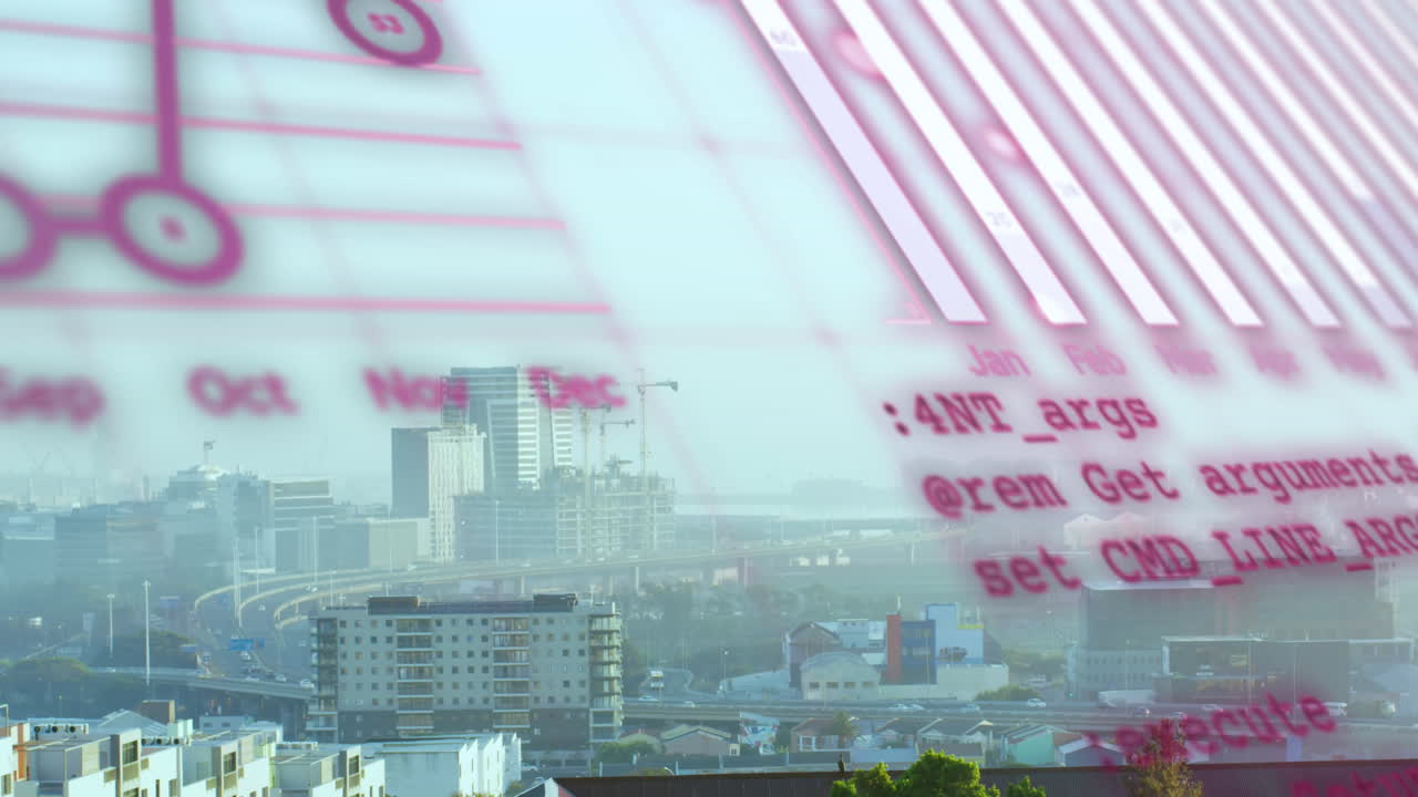 지구상의 애니메이션, 컴퓨터 언어, 은 하늘에 대한 현대 도시의 그래프