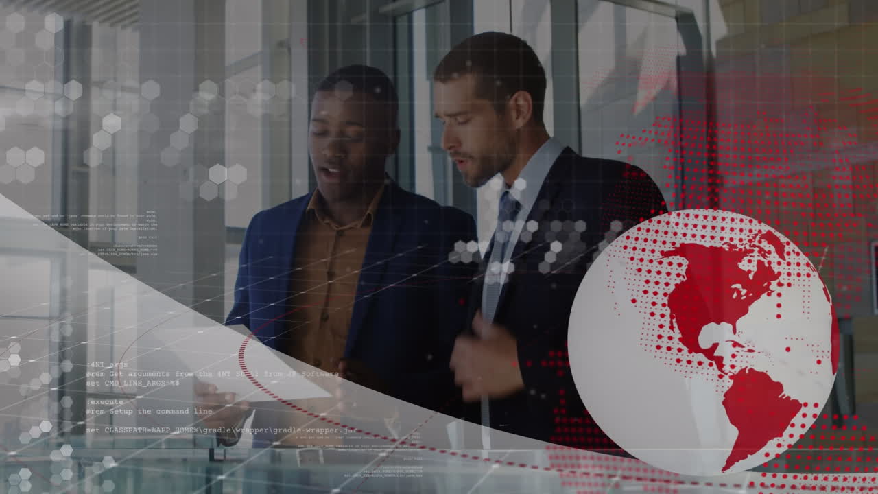 Animation of globe, computer language, diverse entrepreneurs shaking hands and discussing in office