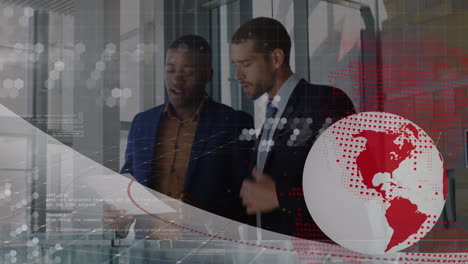 animation of globe, computer language, diverse entrepreneurs shaking hands and discussing in office