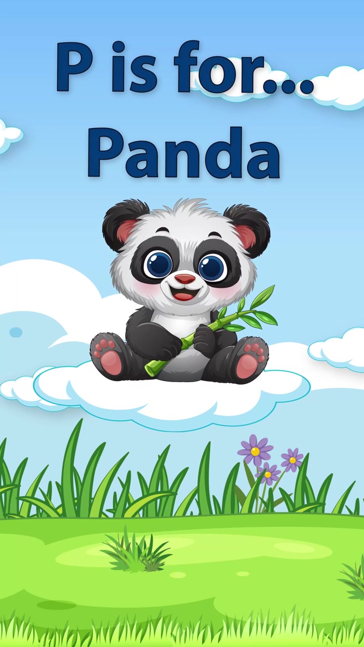 Simpatico personaggio panda che galleggia su una nuvola sopra un prato verde per imparare l'alfabeto.