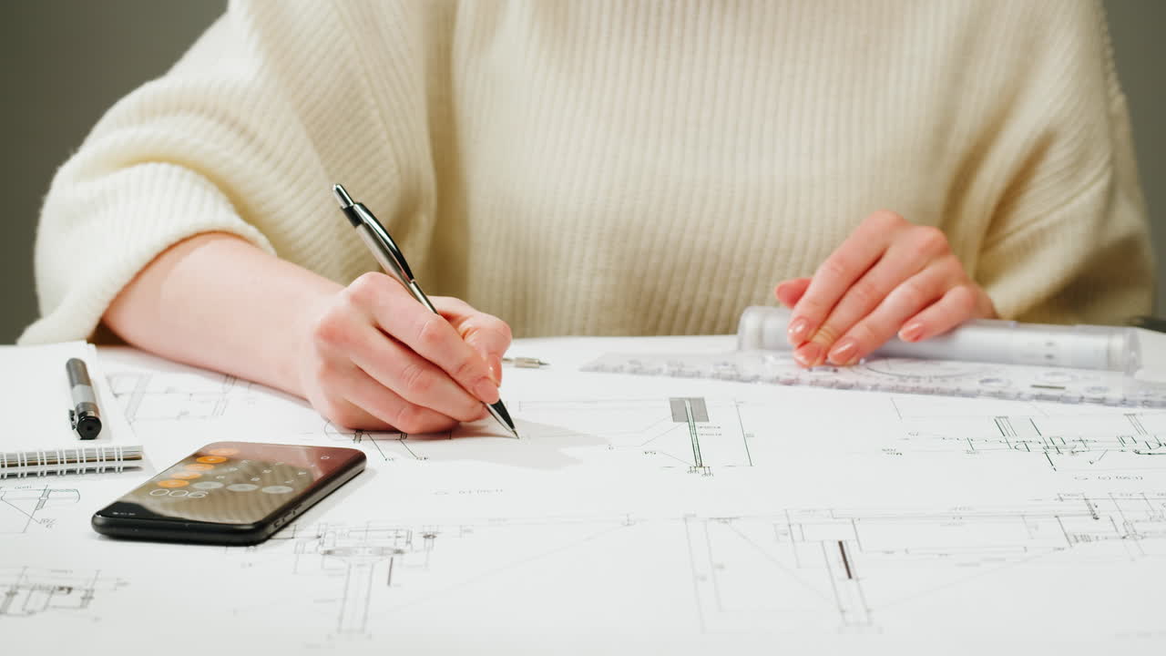 Architect or Engineer Working on Blueprints with Drawing Tools