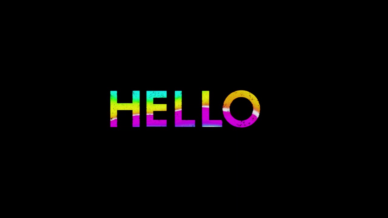 Animert "Hei"-tekst med glitch-effekt på svart bakgrunn