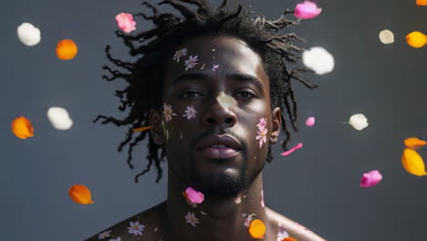 close-up portrait of a man adorned with flowers and falling petals