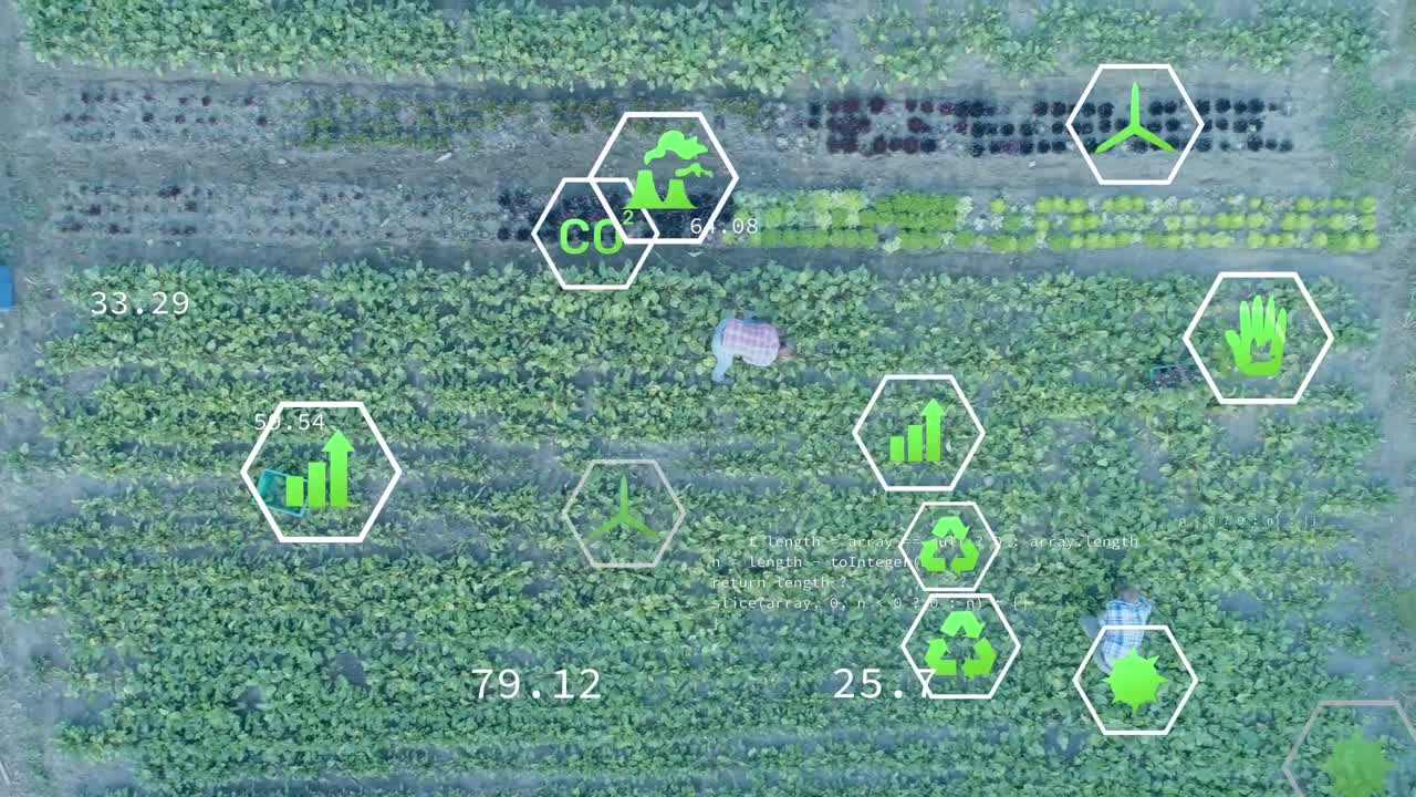 필드 위의 디지털 생태 및 녹색 에너지 아이콘의 애니메이션