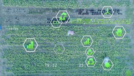 animación de iconos digitales de energía ecológica y verde sobre el campo