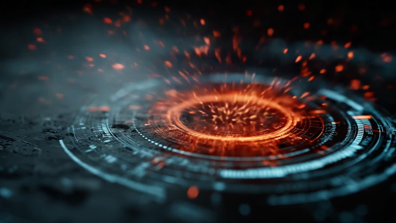 A Visually Stunning Display of Dynamic Sparks and Tech-Inspired Circular Patterns Illuminates the Dark Background with Vibrant Orange and Blue Tones