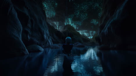 adventurer rappelling into a bioluminescent cave with reflective water