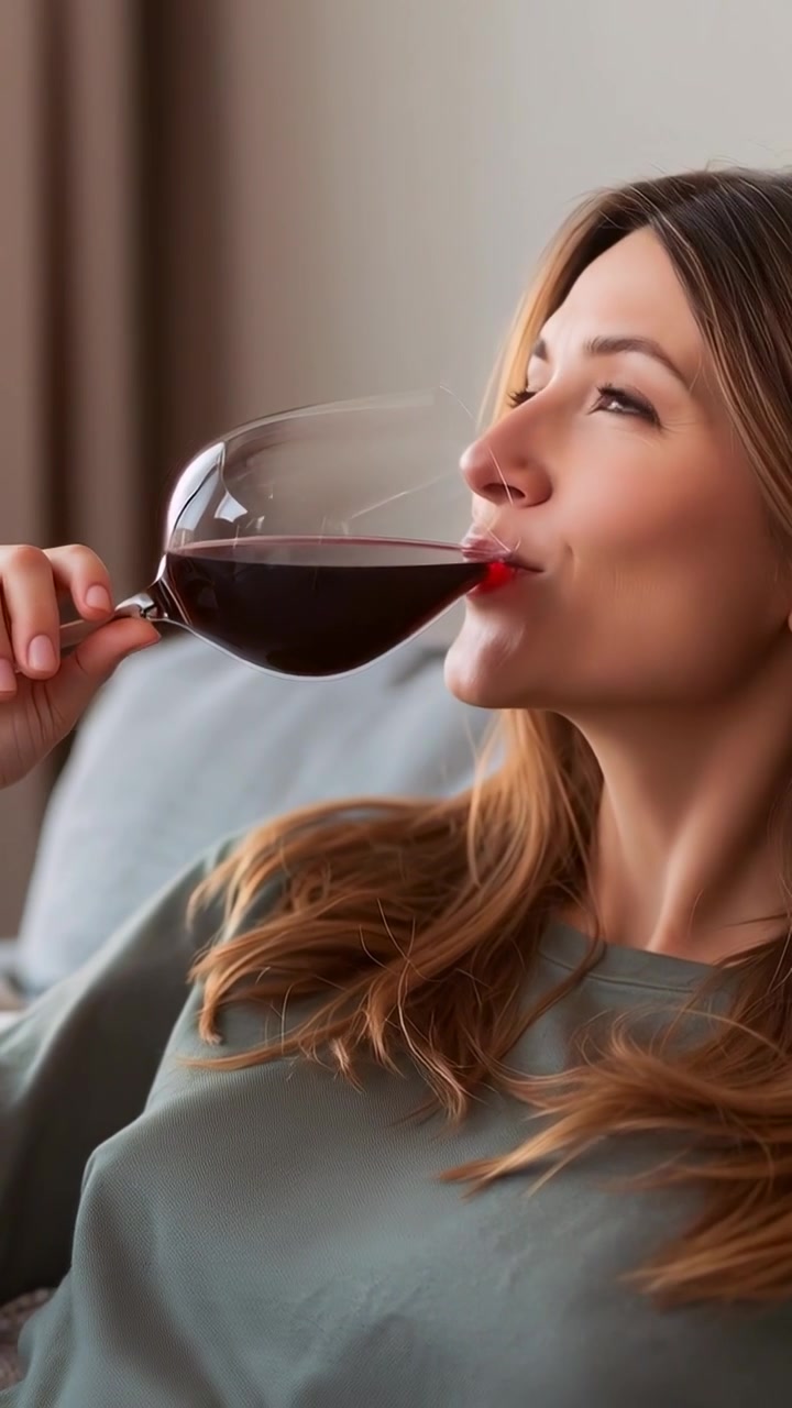 Vertical video: Smiling woman in green top settling on sofa, sipping red wine from glass, relaxing