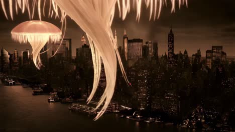 giant jellyfish over new york city at night