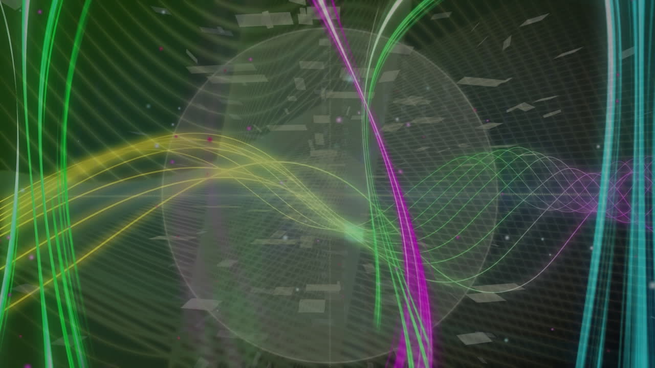 Animation of digital circle and multicolored waves pattern against abstract background