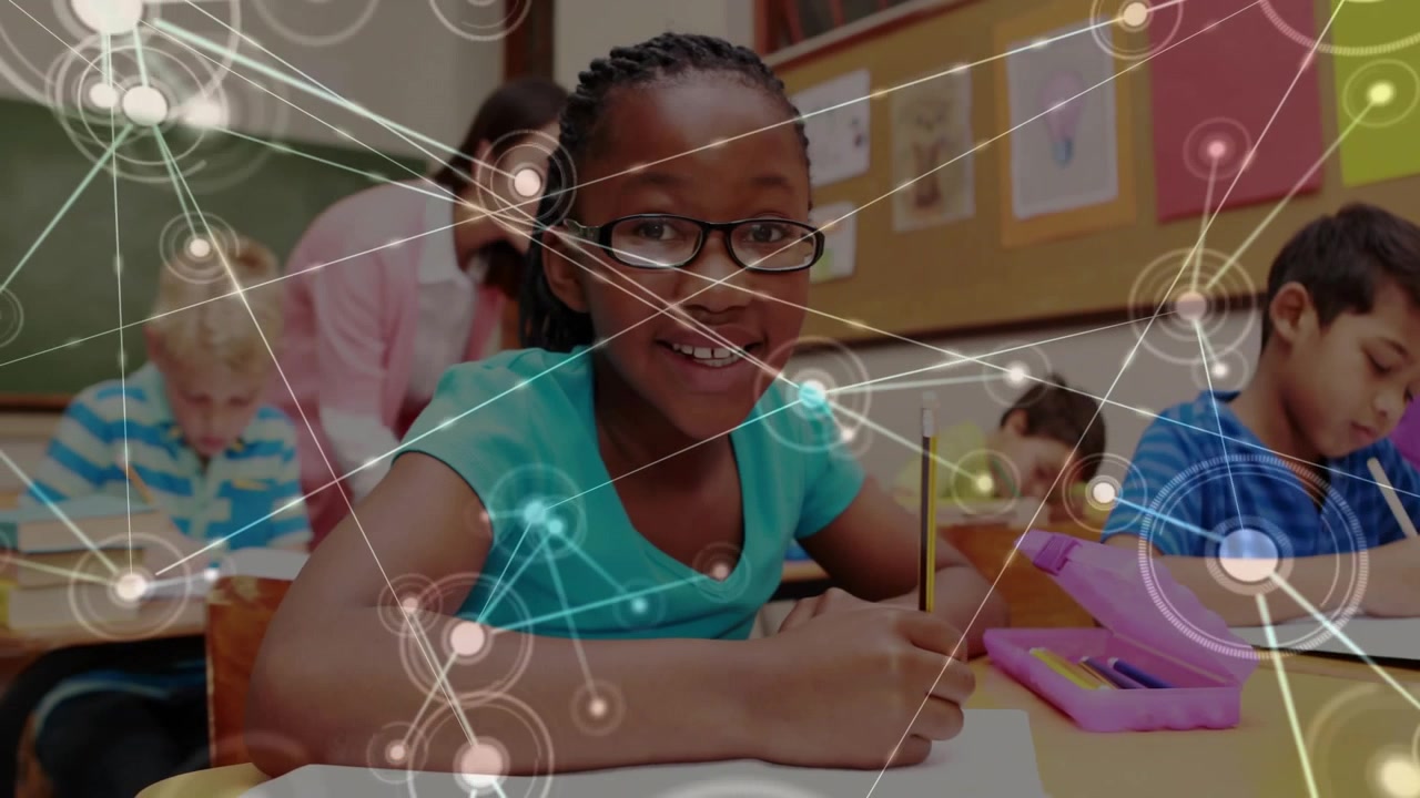 Girl in teal writing pencil in education, camera zooming revealing animated network showing ideas