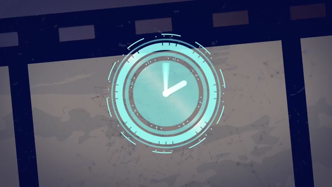 animación del escáner con la cara del reloj sobre redes de conexiones y tira de película